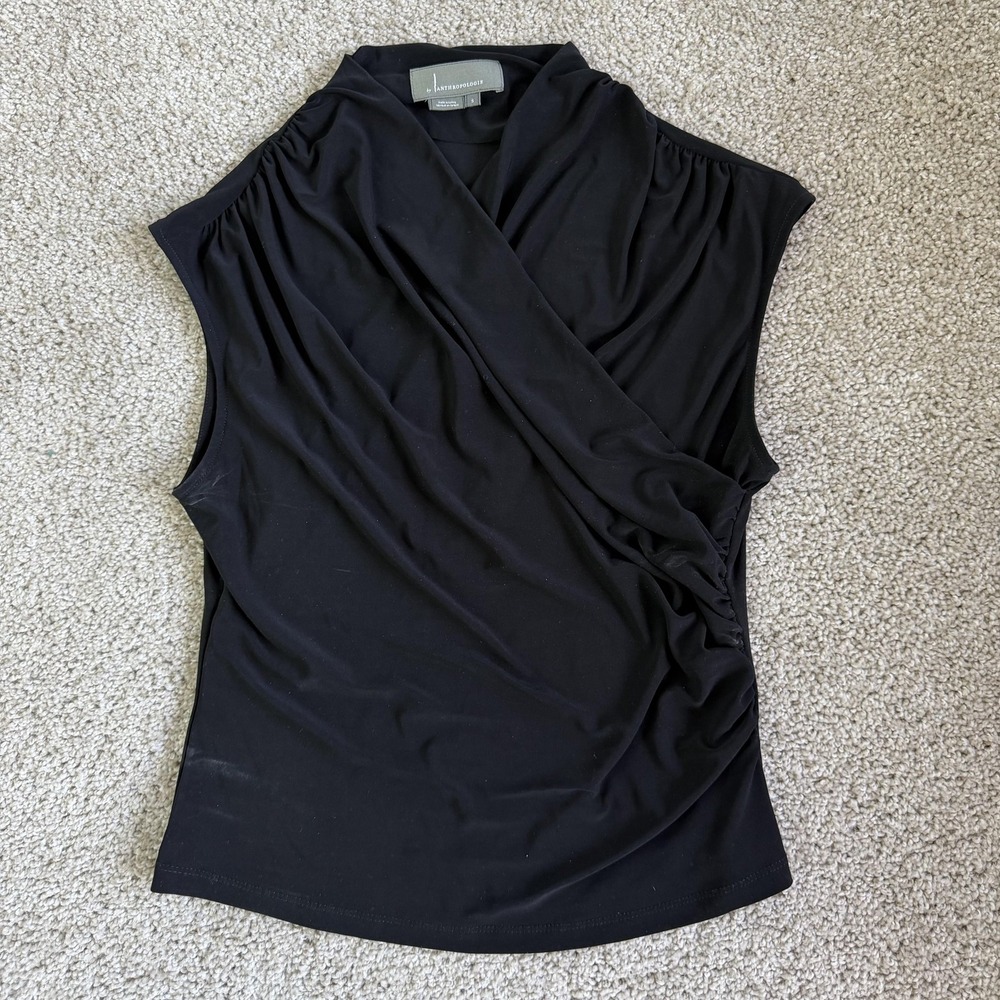 Anthropologie Blouse Womens S Black Sleeveless Draped V Neck Ruched Jersey Top